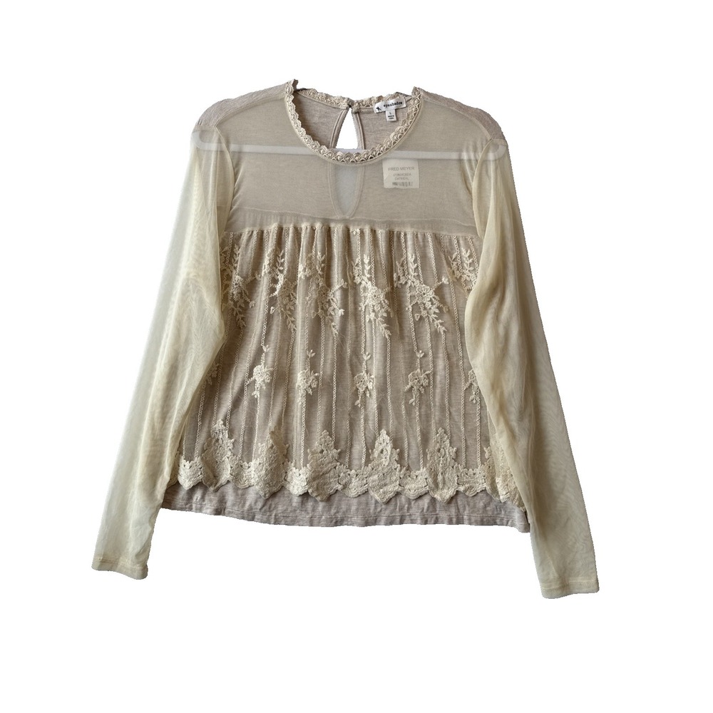 NWT Romantic Boho Sheer Mesh Crochet Lace Long Sleeve Blouse L Renaissance Fairy